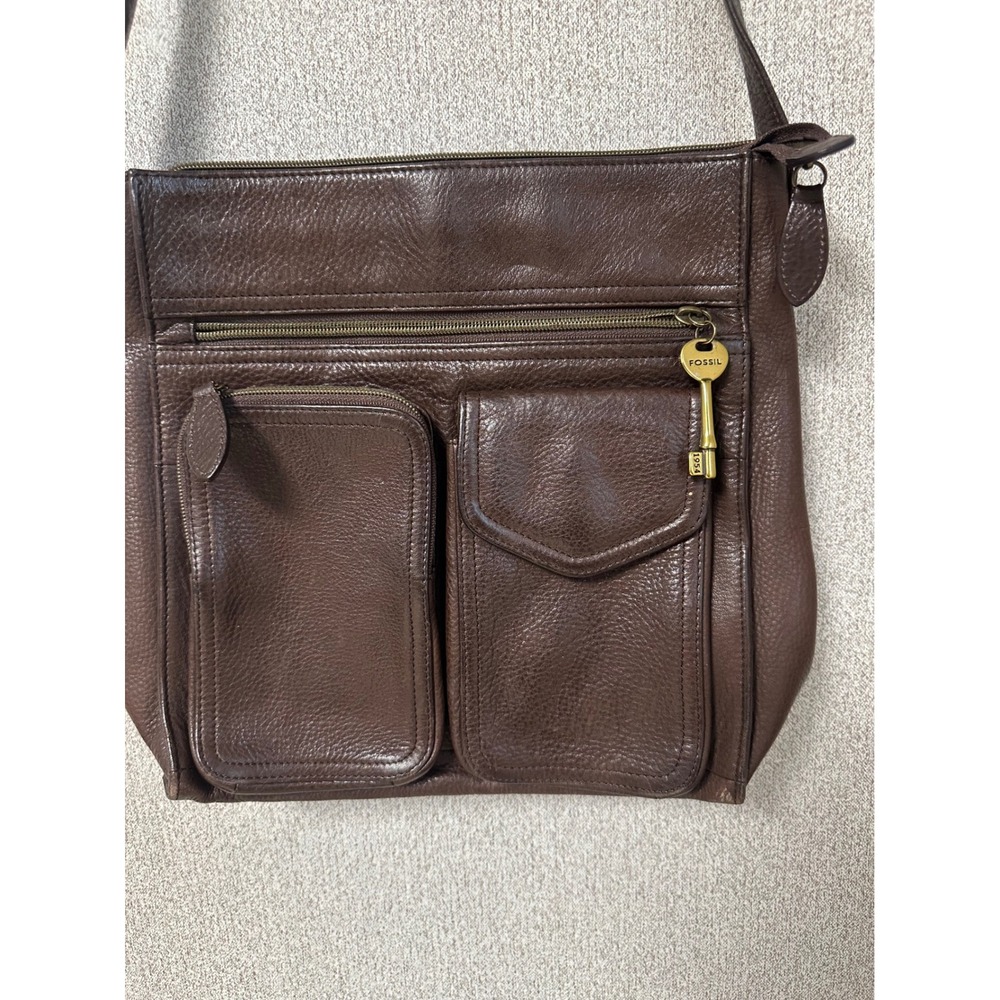 Fossil Brown Leather Multi Pocket Crossbody‎ Messenger Bag Brass Key Charm